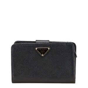 Prada triangular logo plate bifold wallet black Saffiano leather